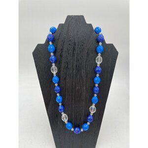 Vintage Blue & Clear Faceted Bead Necklace 1950's Gold Clasp For Women